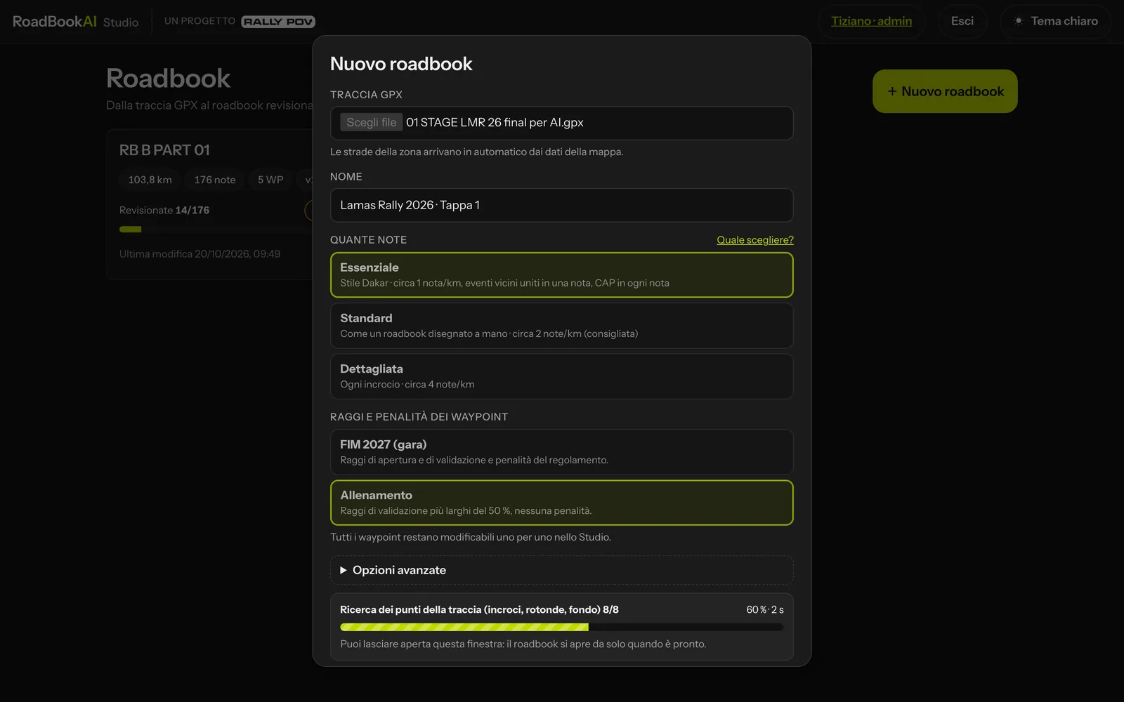 La finestra Nuovo roadbook con traccia GPX, nome, quante note e raggi dei waypoint