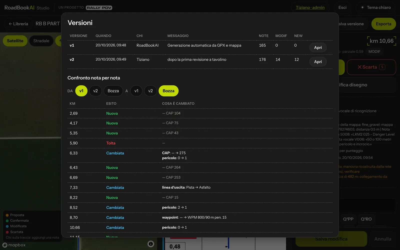La finestra Versioni con l'elenco e il confronto nota per nota